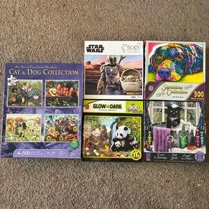 Lot of 5 Puzzles 500 & 550 Pieces Dog Cat Pets Pandas Animals Manalorian